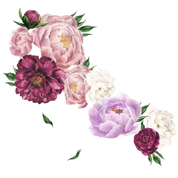 Sticker decorativ cu Flori de Bujor Mov Luxer, Autocolant Purple Peonies, 68x61.5 cm