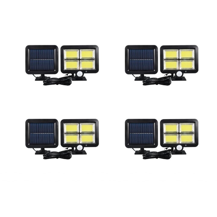 Соларен проектор, Със сензор за движение, 3 режима на светене, 120 LED, Комплект от 4