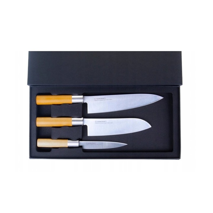 Set 3 cutite, Suncraft, Senzo Japanese, Otel/Lemn, Argintiu/Maro