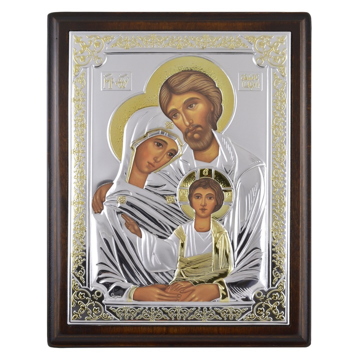 Icoana placata cu argint, pictata - Familia Sacra - Auriu, rama antichizata dreapta, lemn masiv mesteacan, 15x12 cm, 1/3