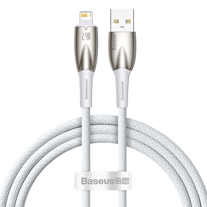 Cablu pentru incarcare si transfer de date Baseus Glimmer, USB/Lightning, 2.4A, 1m, Alb