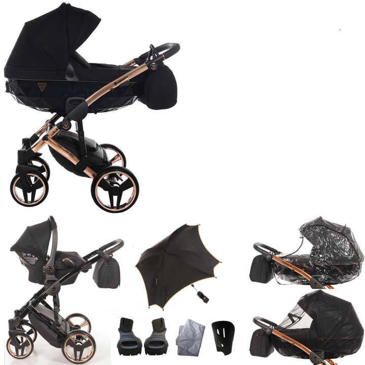 Carucior Individual V2, Junama, 3in1, Aluminiu, Negru/Auriu