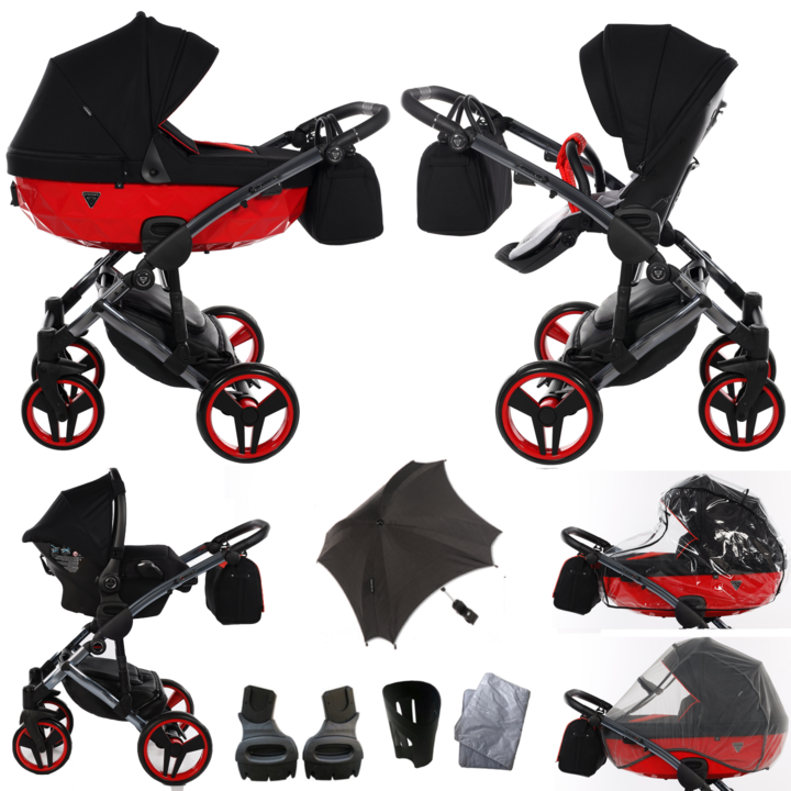 Carucior S-Line V2, Junama, 3in1, Aluminiu, Negru/Rosu