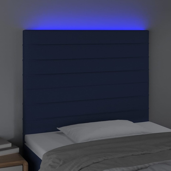 Tablie de pat cu LED vidaXL, albastru, 90x5x118/128 cm, textil, 9.86 kg 3122552