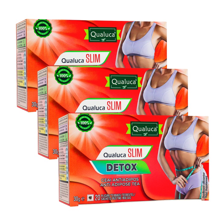 Ceai detoxifiere, Complex detox - 21 zile, Qualuca Slim Detox, set 3 cutii, 60 plicuri, 90gr