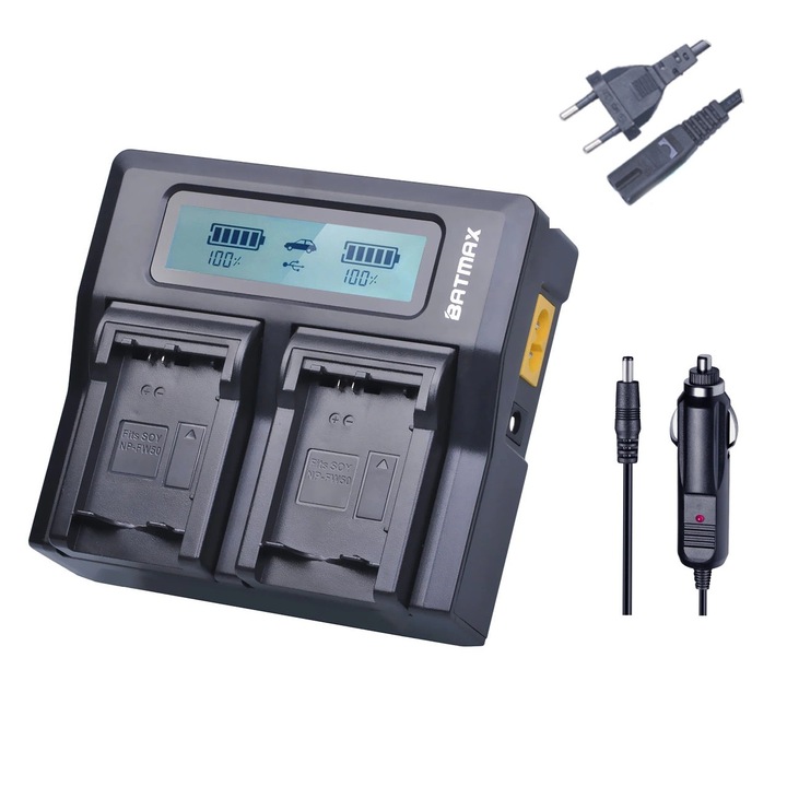 Batmax NP-FW50 Dupla gyorstöltős töltő, Sony NEX-3 / NEX-5 / A6000 / A6300 / A6500 / A7 / A7II / A7R / A7S / A7S II kamerákhoz, LCD kijelző, töltés konnektorból vagy autós szivargyújtóból