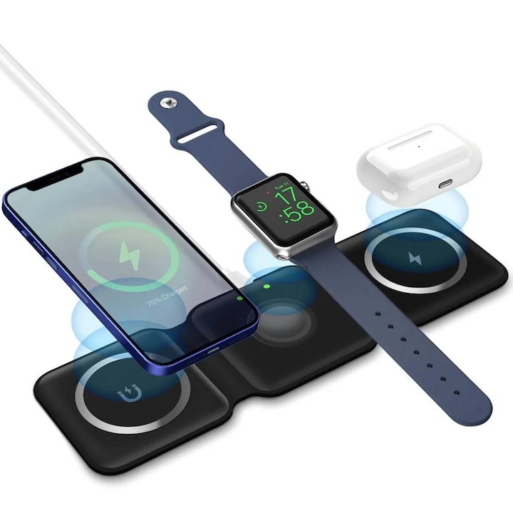 Безжично зарядно fixGuard Acrobat, 3in1, Wireless Charger, Qi, MaGsafe за Apple iPhone, Apple watch / Airpods, Black