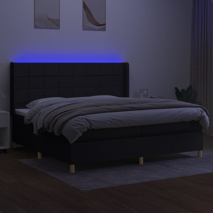 Pat cu arcuri vidaXL, saltea si LED, negru, 200x200 cm, textil, 60.37 kg