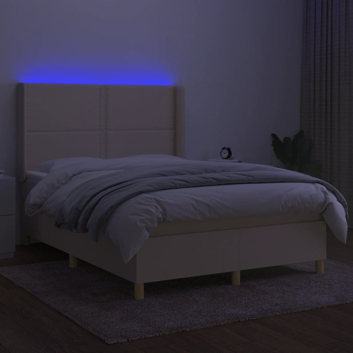 Pat cu arcuri vidaXL, saltea si LED, crem, 140x200 cm, textil, 60.17 kg 3138802