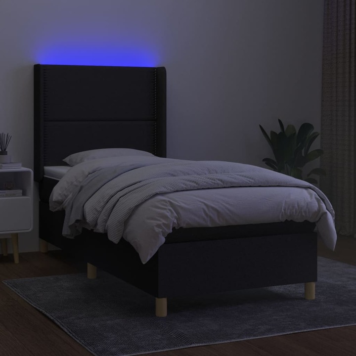 Pat cu arcuri vidaXL, saltea si LED, negru, 90x200 cm, textil, 50.37 kg 3138767
