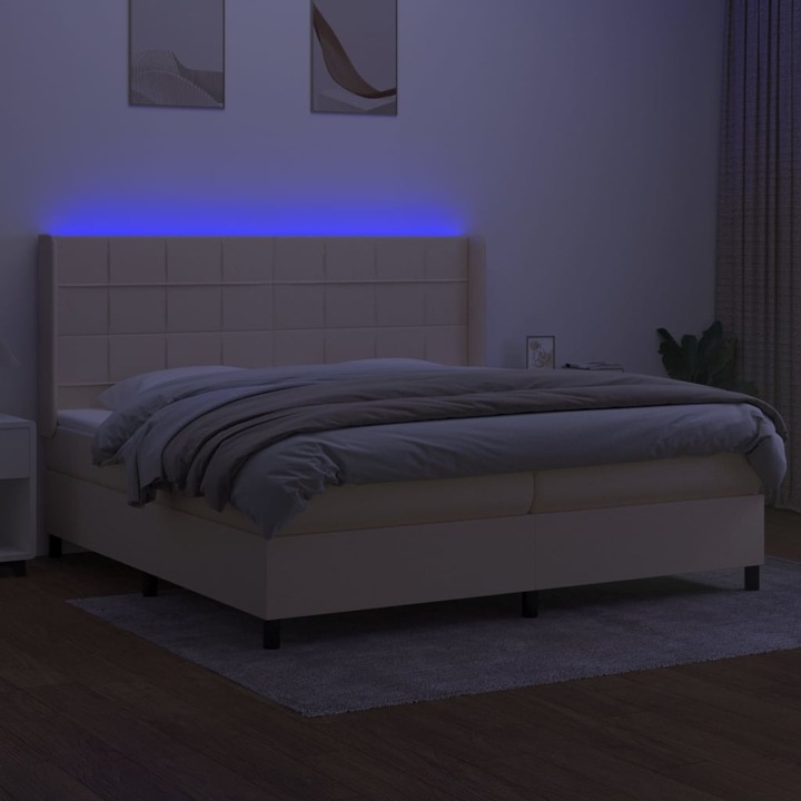 Pat cu arcuri vidaXL, saltea si LED, crem, 200x200 cm, textil, 60.07 kg, 3138346
