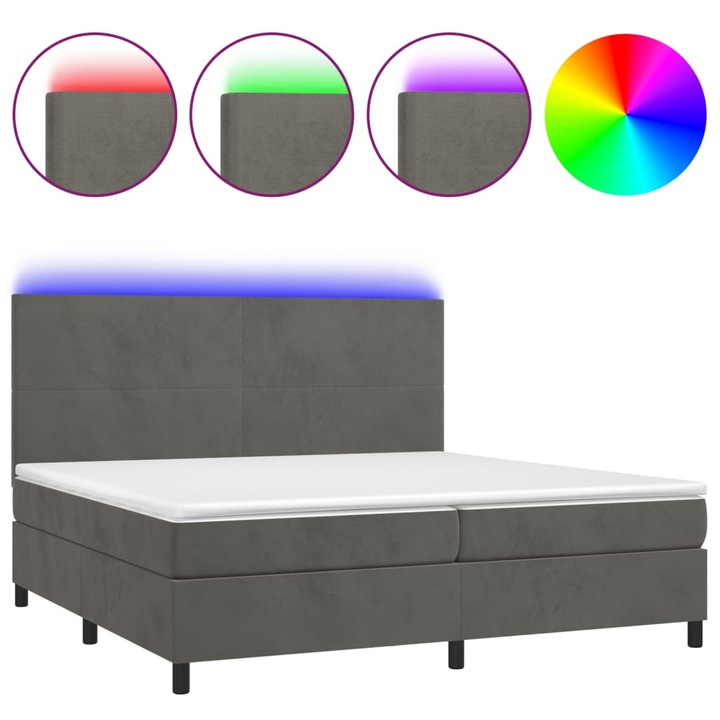 vidaXL sötétszürke bársony rugós és LED-es ágy matraccal 200x200 cm, 58.53 kg