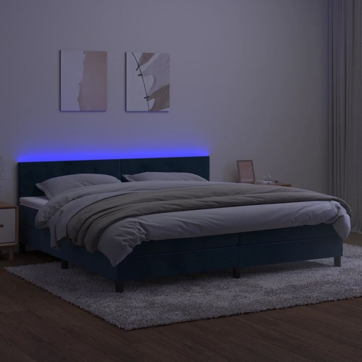 Pat cu arcuri vidaXL, saltea si LED, bleumarin, 200x200 cm, catifea, 57.73 kg