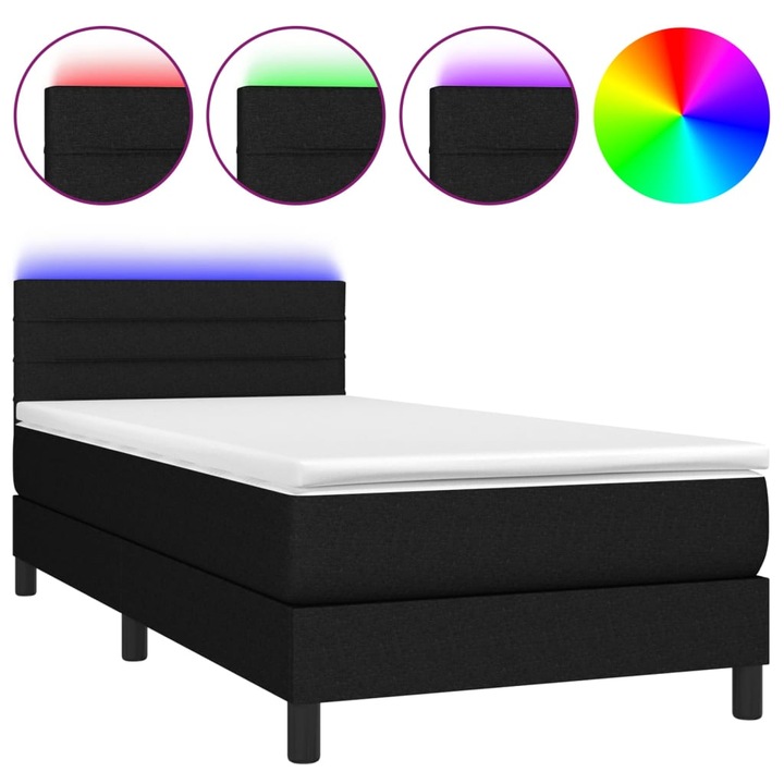 Pat cu arcuri vidaXL, saltea si LED, negru, 90x200 cm, textil, 38.52 kg 3133207
