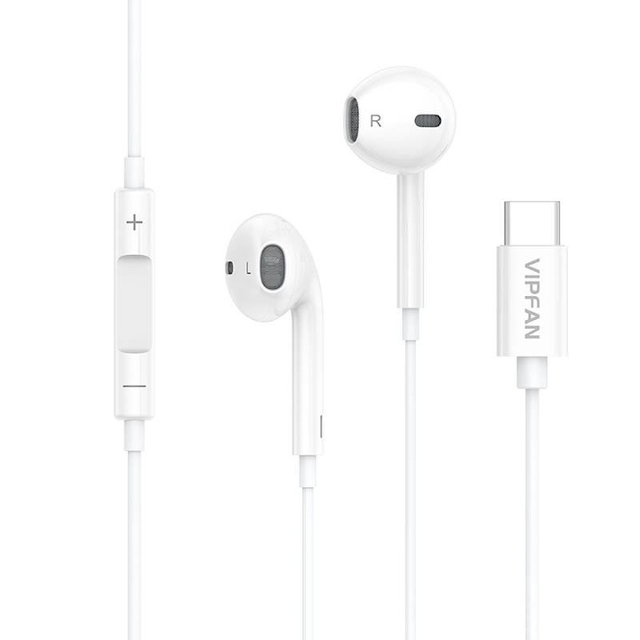 Vezetékes, fülbe helyezhető fejhallgató Vipfan M14, USB-C, beépített mikrofon, beépített távirányító, fehér