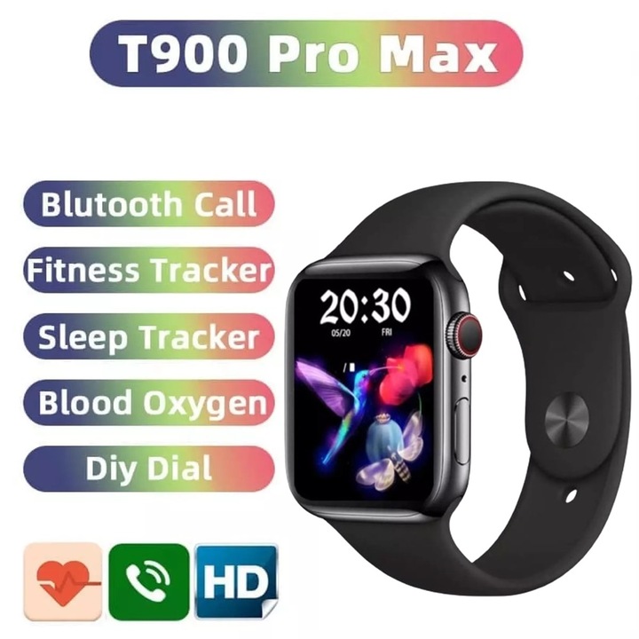 Okosóra, Pro Max, T900, Touch, vízálló, fekete, 1,75 hüvelykes