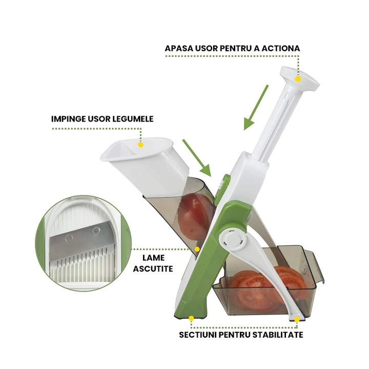 Tocator / Feliator Fructe si Legume, 40 Taieturi Diferite, Presa, Taietor pentru Bucatarie, Multifunctional, Reglabil, Vertical, Verde