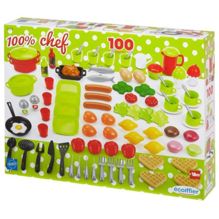 Set de gatit copii Eccoiffier, 100% Chef, 100 de piese, Multicolor