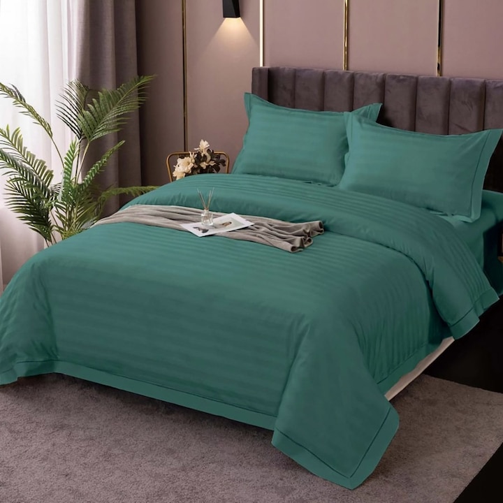 Lenjerie de pat dublu damasc policoton, cearceaf pat cu elastic pentru saltea 180x200 cm, 4 piese, Ralex Pucioasa, IMP12 Verde