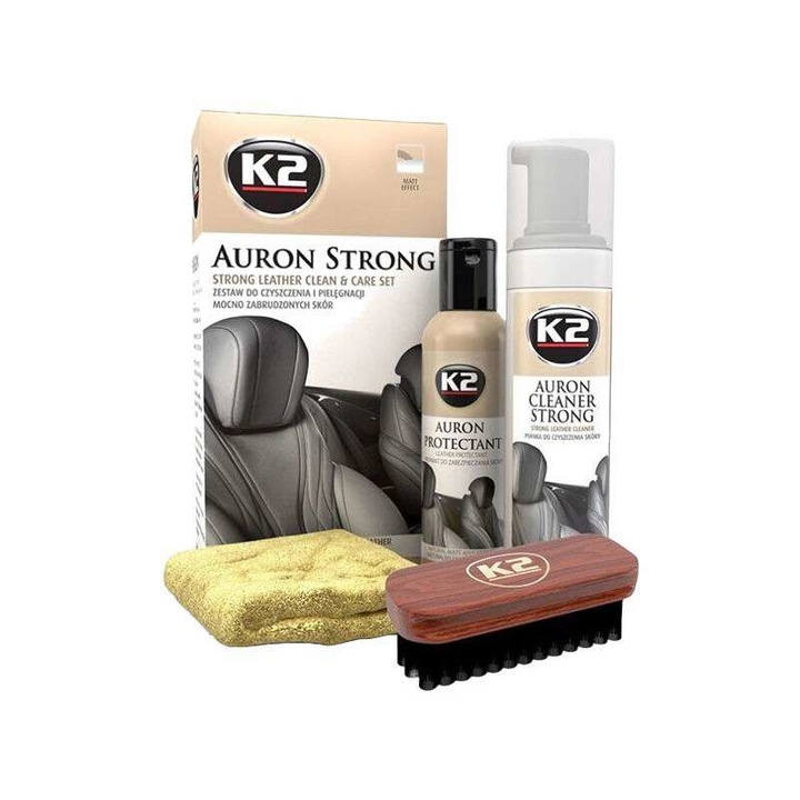 K2 Polonia Oldatos készlet, 350 ml, kendő és kefe nagyon szennyezett és elhanyagolt bőrfelületek tisztításához és karbantartásához, Auron Strong, G421 K2