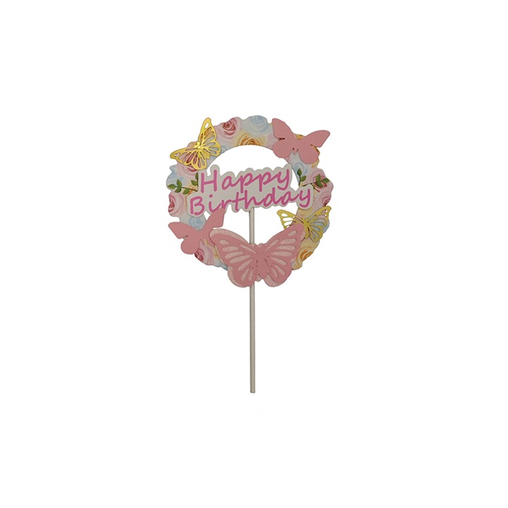 Decoratiune pentru tort cu fluturasi, Happy Birthday, QT9382, multicolor