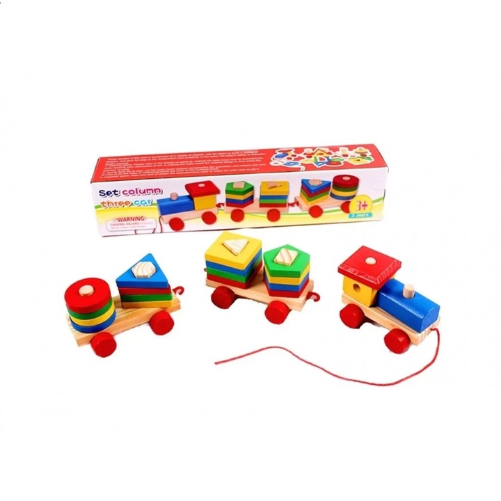 Trenulet din lemn cu forme geometrice, 22 piese, multicolor, 139x7.5x8cm
