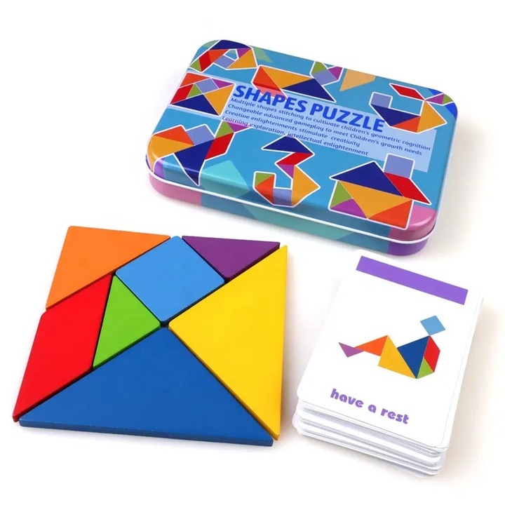 Montessori készségfejlesztő oktató játék, Tangram, 3 éves kortól ajánlott, fából készült puzzle, alumínium dobozban, gyerekeknek