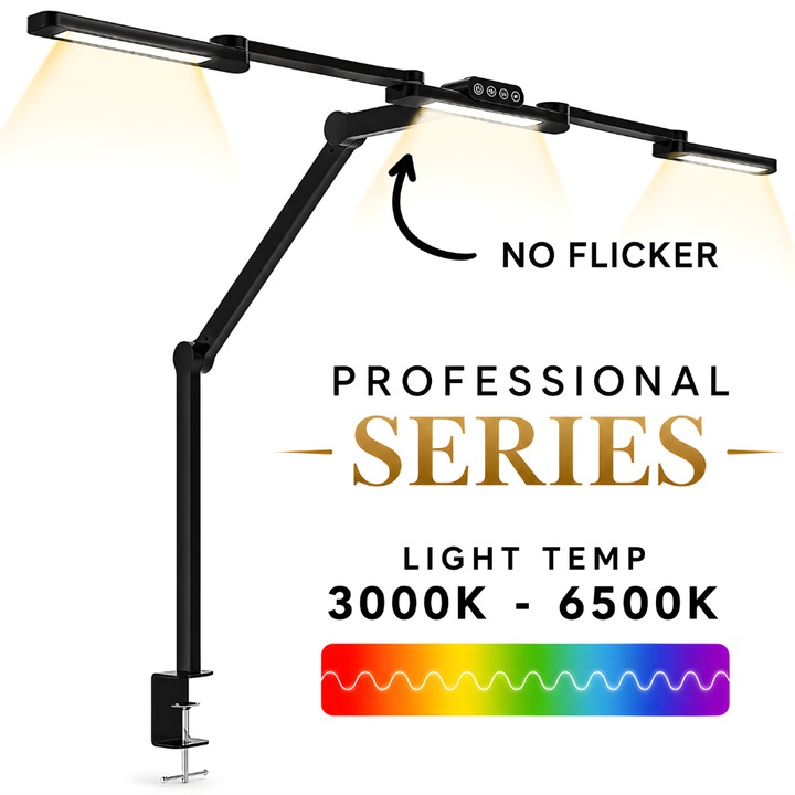 Lampa de birou LED tripla Huerler® Office Pro, protectie ochi, 5 nivele intensitate, 4 temperaturi de culoare 3000k-6500k, pliabila, no flicker, aluminiu, 24W, 900 lumeni, negru
