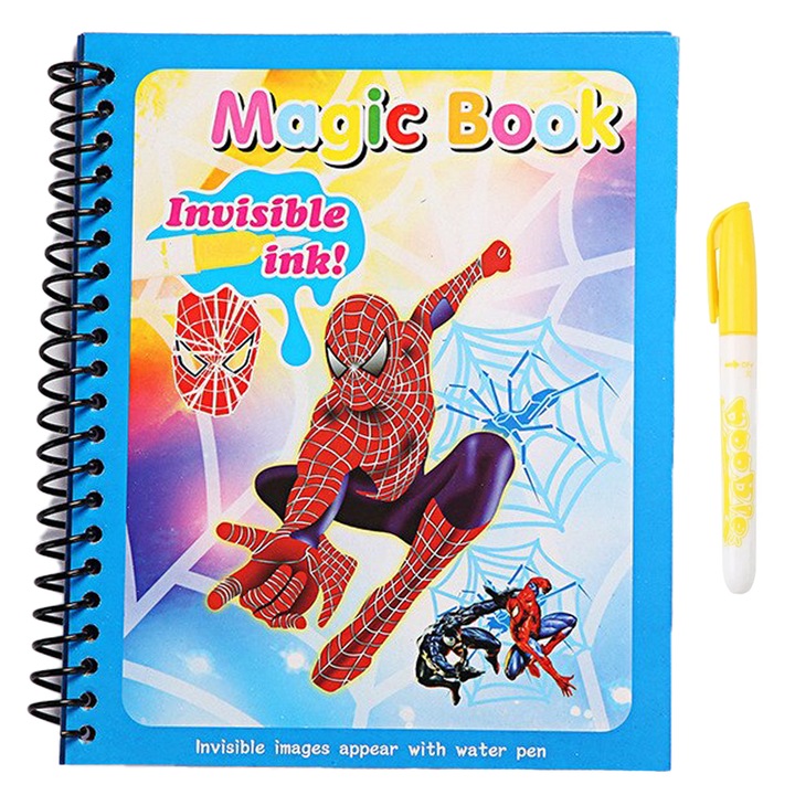 Carte de colorat cu apa Magic Book, Reutilizabila, plina de culori vibrante, Spiderman - 8 pagini, pentru fete si baieti de la 3 ani, Pitikot®