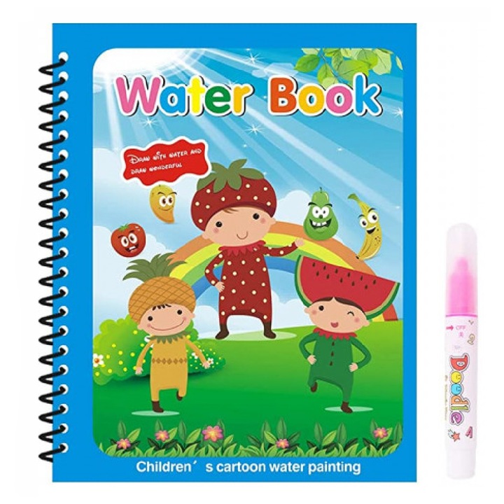 Carte de colorat cu apa Magic Book, Reutilizabila, plina de culori vibrante, Copii si fructe - 8 pagini, pentru fete si baieti de la 3 ani, Pitikot®