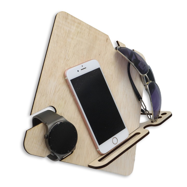 Suport universal de birou pentru telefon si ceas, ochelari, incarcator, WoodMag PD05, dimensiune 22x19cm, din lemn natur