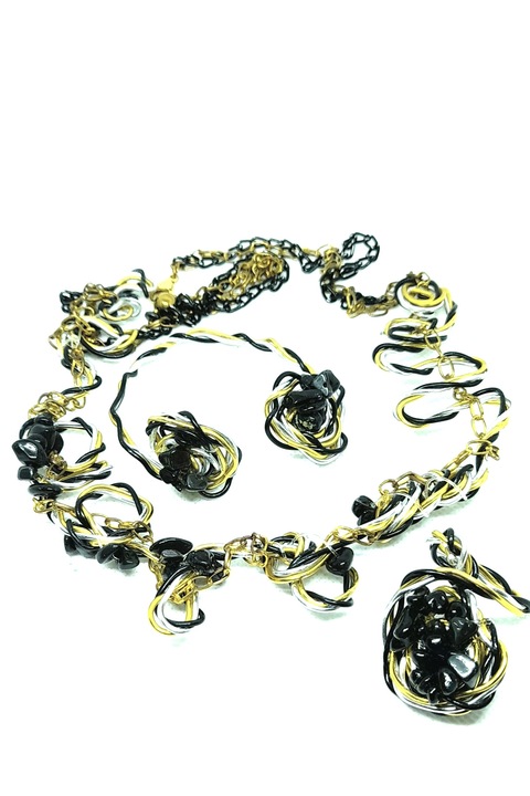 Set bijuterii, colier, bratara, inel din aluminiu negru, auriu si argintiu, cu pietre semipretioase obsidian, statement, eco-friendly, marime ajustabila