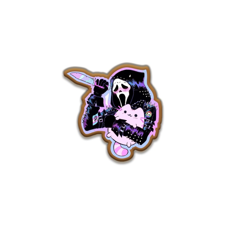 Insigna din lemn cu brosa Scream with cat, multicolor, 3 cm