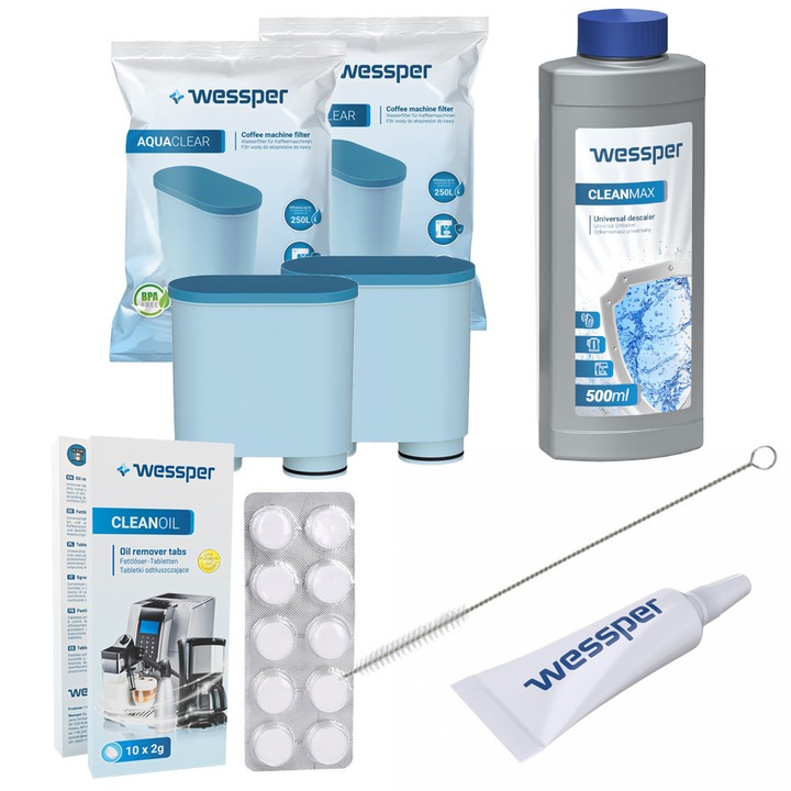 Set Wessper Aquaclean, 2 x filtru de apa, detartrant 0,5L, tablete de curatat, perie de curatare CleaningBrush, Vaselina Siliconica