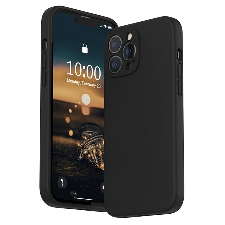 Husa pentru Apple iPhone 13 Pro,, Liquid Silicone, catifea in interior, protectie camere, negru