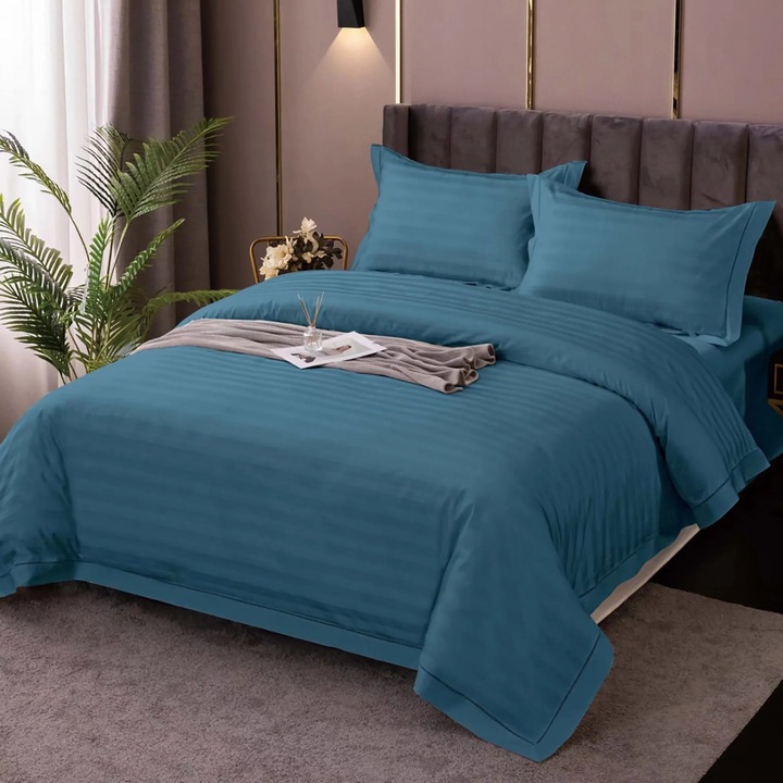 Dupla ágynemű XXL Damask Polycotton csíkos 1 cm, lepedő 230x260 cm, paplan 200x230 cm, 4 db Türkiz IMP4, Pucioasa