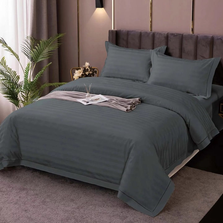 Dupla ágynemű XXL Damask Polycotton csíkos 1 cm, lepedő 230x260 cm, paplan 200x230 cm, 4 db Benzinszürke IMP2, Pucioasa
