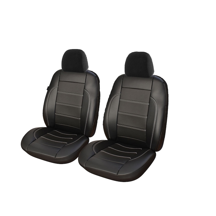 Комплект калъфи за автомобилни седалки, гладка екологична кожа и вложки от перфорирана кожа S02, 6 части, SMARTIC, черни
