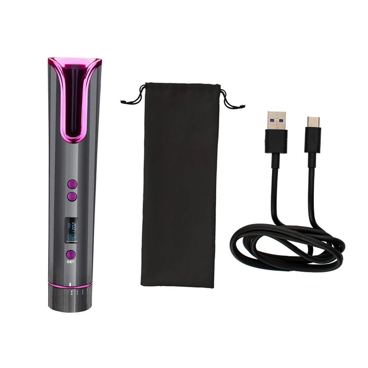 Ondulator de par automat, UBX, din ceramica, cu LCD rotativ, incalzire rapida, fara fir, alimentare reincarcabila, USB, indicator de temperatura, negru/mov