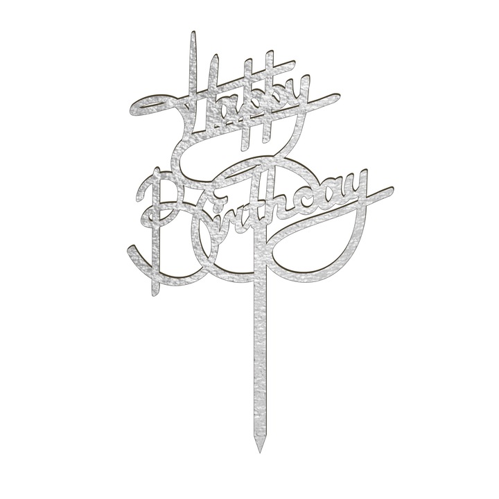Topper tort Happy Birthday, Inedit Print, TC607, Argintiu, 10 cm