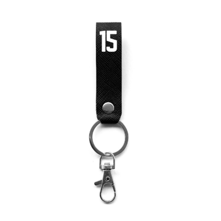 Breloc numar norocos, BRELOCK, piele, 3 x 8 cm, print cu mesaj personalizat "15 Lucky", negru argintiu