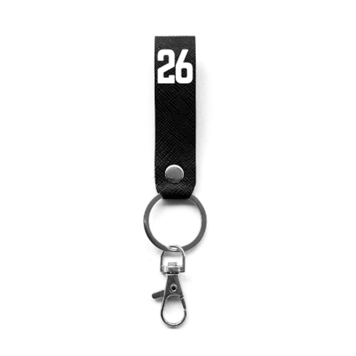 Breloc numar norocos, BRELOCK, piele, 3 x 8 cm, print cu mesaj personalizat "26 Lucky", negru argintiu
