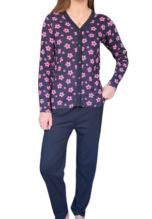 Pijamale dama, La Penna, Model cu flori, Bumbac, Bleumarin/Roz, XL