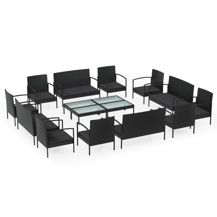 Set mobilier de gradina cu perne, vidaXL, 16 piese, negru, poliratan, 20.8 kg 3095962