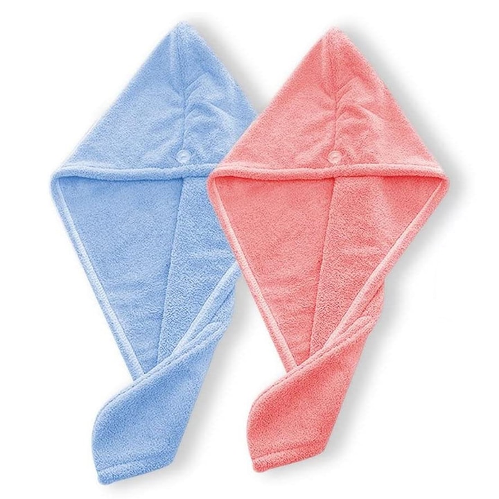 Комплект от 2 кърпи за коса, микрофибър, 25x65 см, синьо/розово