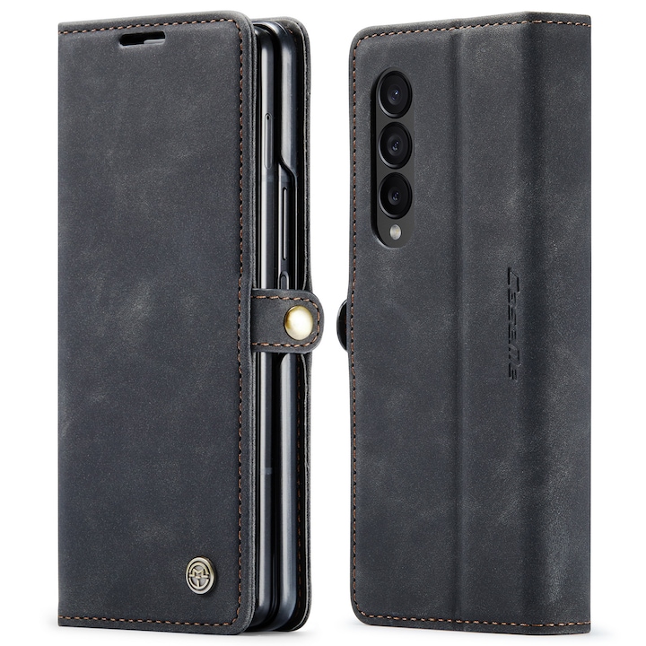 Калъф за Samsung Galaxy Z Fold4, CaseMe, slim, кожен, тип портфейл, стойка, магнитно закопчаване, кадифена текстура, Черно