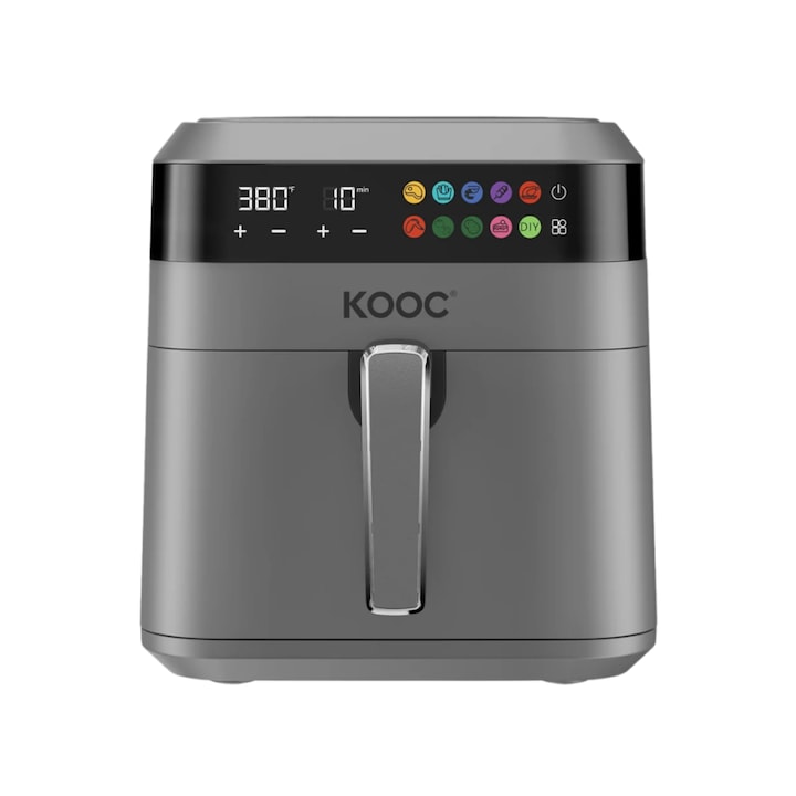 KOOC XL Airfryer Óriás Légsütő, 6,5 L, LED érintőképernyős digitális kijelző, 10 az 1-ben, Testreszabott Hőmérséklet/Idő, Tapadásmentes Kosár, Szürke