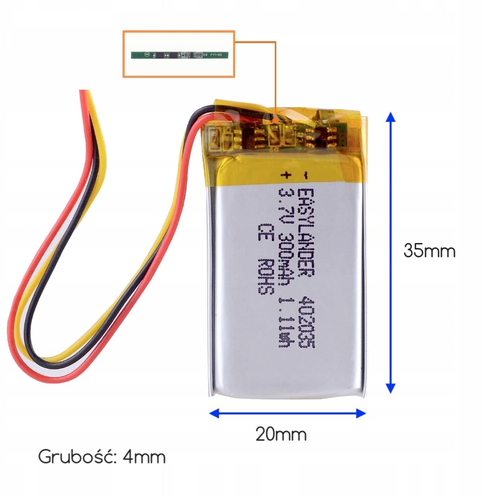 Batterie Li-Po 300mAh 3.7V - Modèle 402040 (40x20x4 Mm) Avec Connecteur Molex 1.25mm - Pour Appareils électroniques