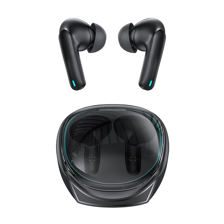 Безжични слушалки за поставяне в ушите, Bluetooth 5.3 връзка, TWS, шумопотискане, подходящи за игри, капацитет на батерията на корпуса 320mAh, 7 часа автономност при възпроизвеждане на музика, ABS, черен