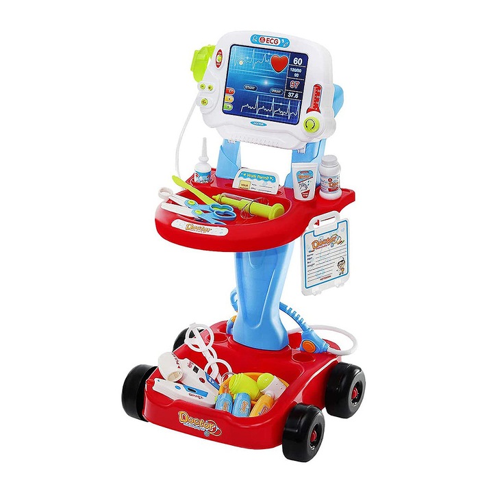 Carucior medical cu trusa pentru doctori, jucarie interactiva si creativa de rol, 17 accesorii incluse, lumini si sunete, portabil, buz